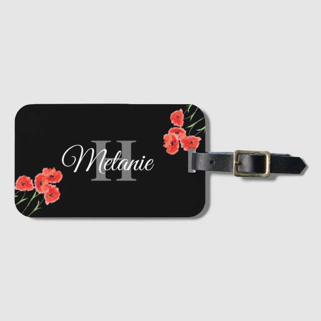 Elegant Script Black White Girly Blommigt Monogram Bagagebricka (Framsida horisontal)