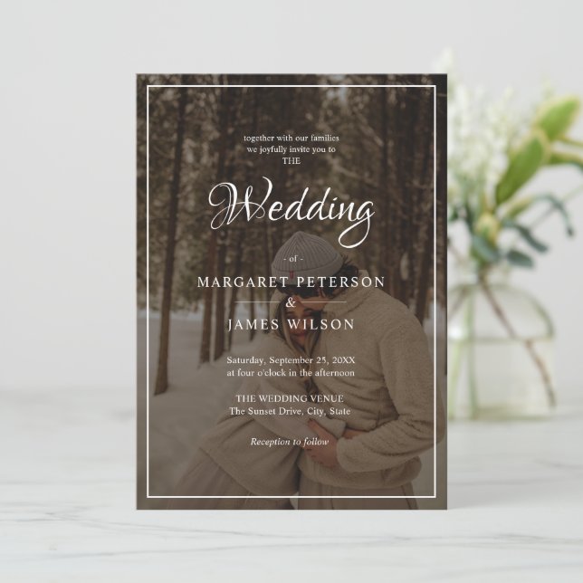 Elegant Script Black & White Gräns Photo Bröllop Inbjudningar (Stående Fram)