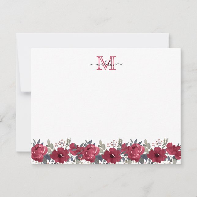 Elegant Script Blommigt Burgundy Red Monogram Anteckningskort (Framsida)