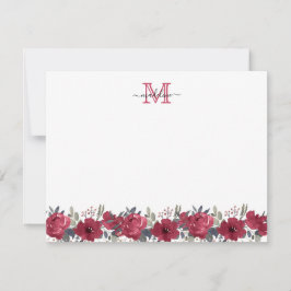 Elegant Script Blommigt Burgundy Red Monogram Anteckningskort