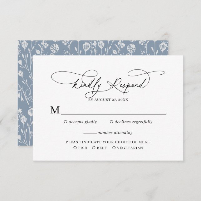 Elegant Script Blommigt Dusty Blue-Bröllop OSA Tilläggskort (Fram/baksida)