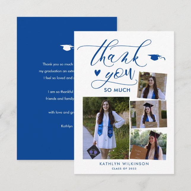 Elegant Script Blue 4 Photo College Graduation Tack Kort (Fram/baksida)