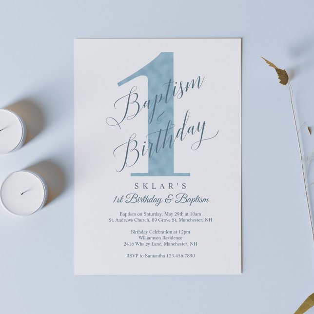 Elegant Script Blue Baby 1st Birthday & Baptism Inbjudningar (Skapare uppladdad)