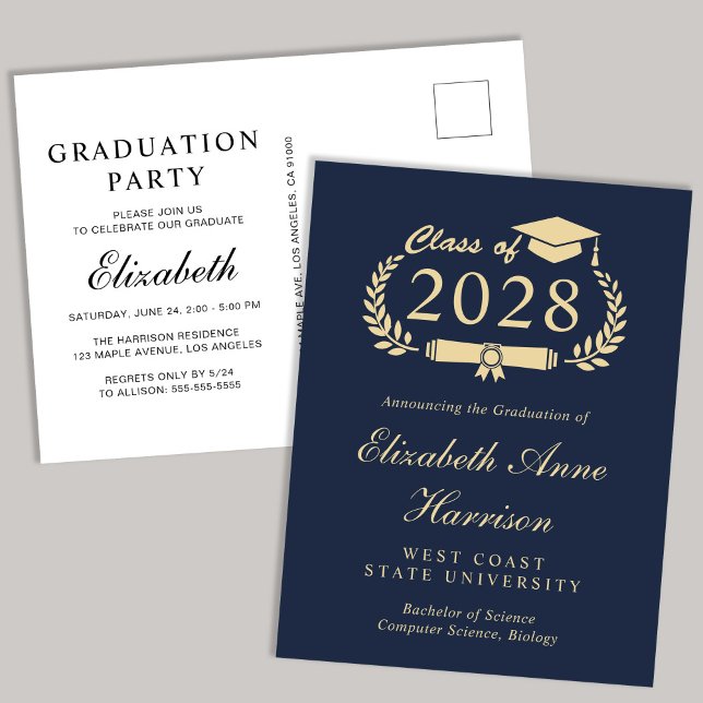 Elegant Script Blue Guld College Graduation Party Inbjudan Vykort (Skapare uppladdad)