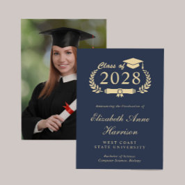Elegant Script Blue Guld Photo College Graduation Meddelande