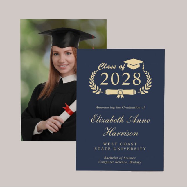 Elegant Script Blue Guld Photo College Graduation Meddelande (Share the pride and excitement of your graduate's achievement with friends and family near and far)
