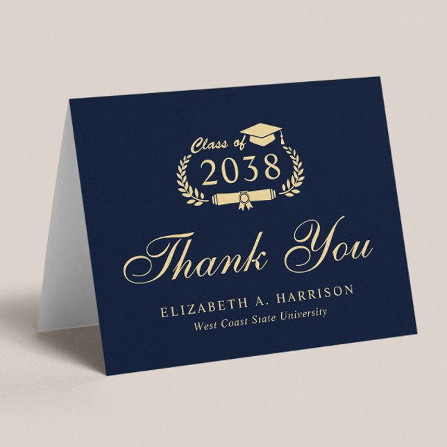 Elegant Script Blue Guld Studenten Tack Kort (An elegant photo graduation thank you card to show gratitude to friends and family for their support)