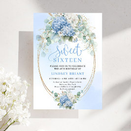 Elegant Script Blue Hydrangea Gold Sweet Sixteen Inbjudningar