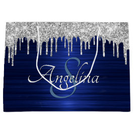 Elegant Script Blue Metallic Silver Glitter