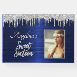 Elegant Script Blue Metallic Silver Glitter Gästböcker