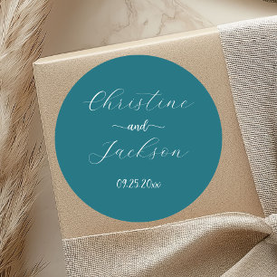 Elegant Script Blue Teal Bröllop Runt Klistermärke