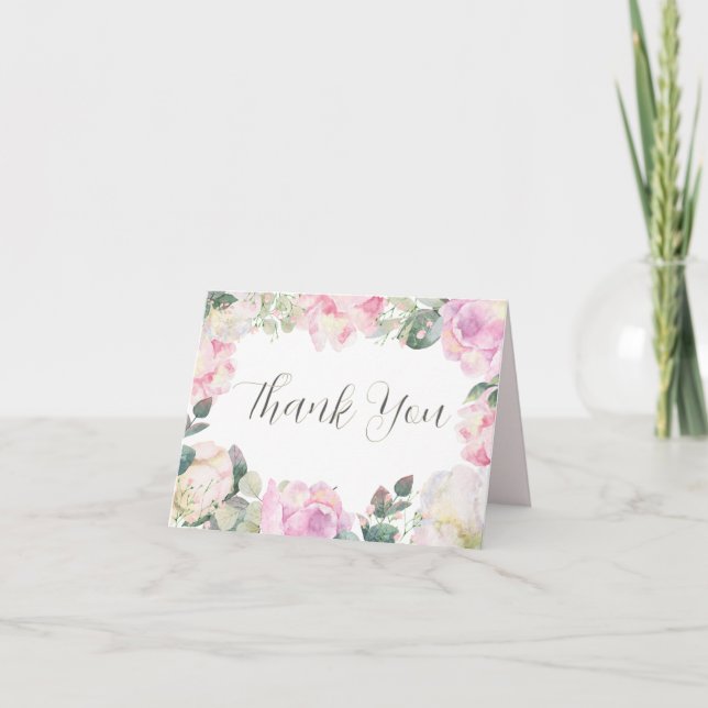 Elegant Script Blush Floral Wedding Thank You Tack Kort (Framsida)