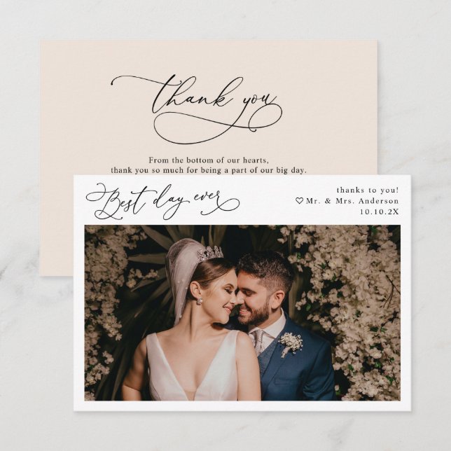 Elegant Script Boho Neutralt  Bröllop Photo Tack Kort (Fram/baksida)