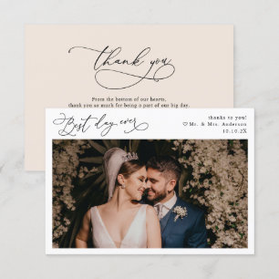 Elegant Script Boho Neutralt Bröllop Photo Tack Kort