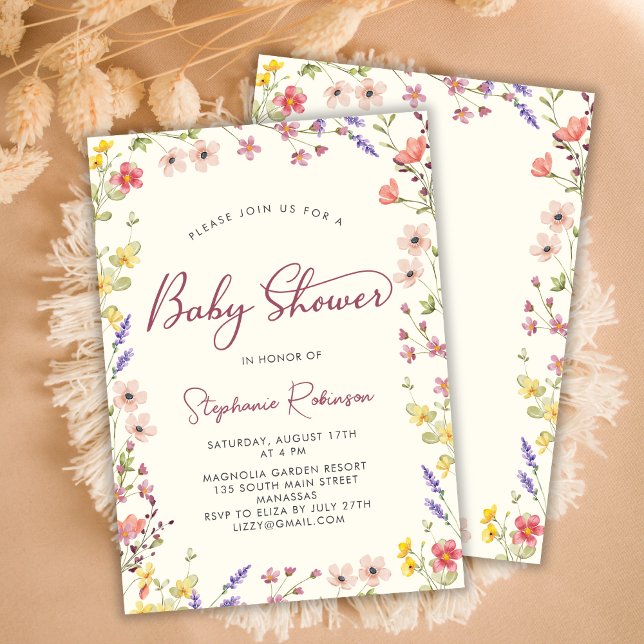 Elegant Script Boho WildblomGirl Baby Shower Inbjudningar (Skapare uppladdad)