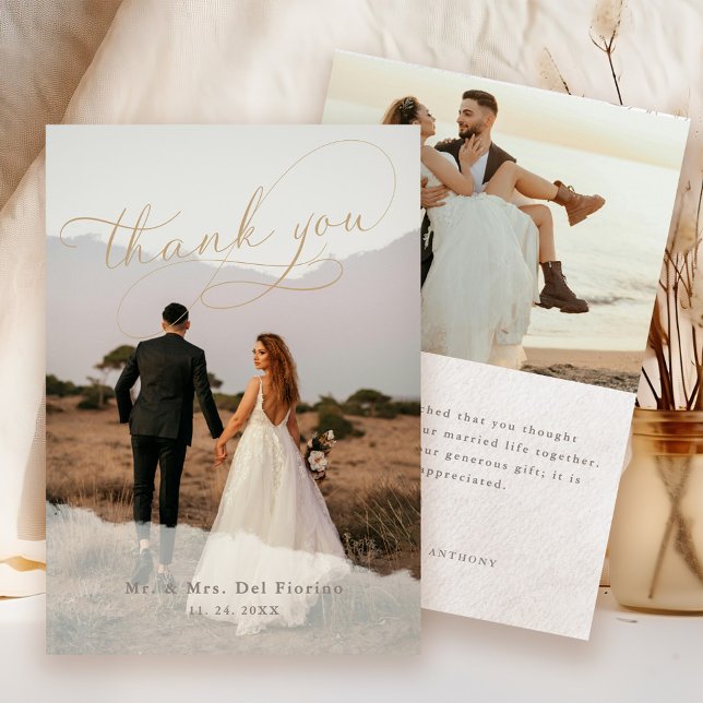 Elegant Script Botanical 2-Photo Overlay Bröllop Tack Kort (Skapare uppladdad)