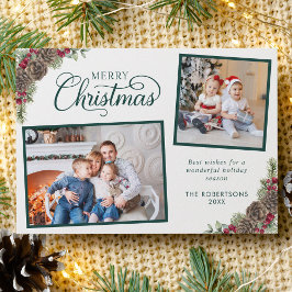 Elegant Script Botaniskt 2-Grönt för fotojul Julkort