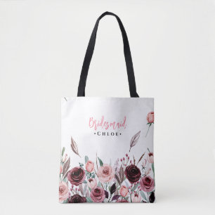 Elegant Script Bridesmaid Tote Burgundisk Blommi Tygkasse