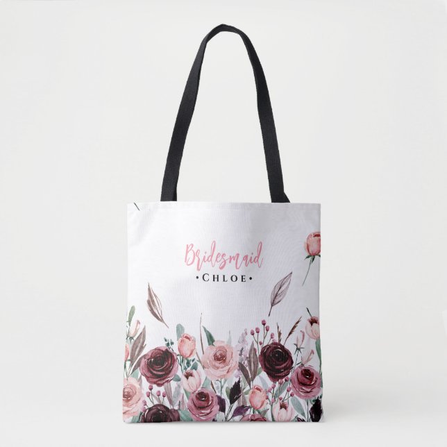 Elegant Script Bridesmaid Tote | Burgundisk Blommi Tygkasse (Framsida)
