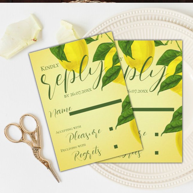 Elegant Script Bright Gult Citrus Bröllop OSA Kort (Elegant Script Bright Yellow Citrus Wedding RSVP Card)