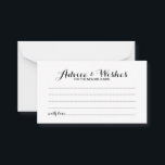 Elegant Script Bröllop Adress och Önskemål Card Rådkort<br><div class="desc">Lägg till en personlig beröring till bröllop med ett elegant bröllop-kort och ett önskemål-kort. Det här rådgivningskortet har en titel i svart,  modernt calligraphy-teckensnitt stil och detaljer i svart,  modernt sans serif-teckensnitt stil på vit bakgrund. Perfekt för bröllop,  babydusch,  födelsedagsfest,  möhippa,  bachelorette-fest och alla särskilda tillfällen.</div>