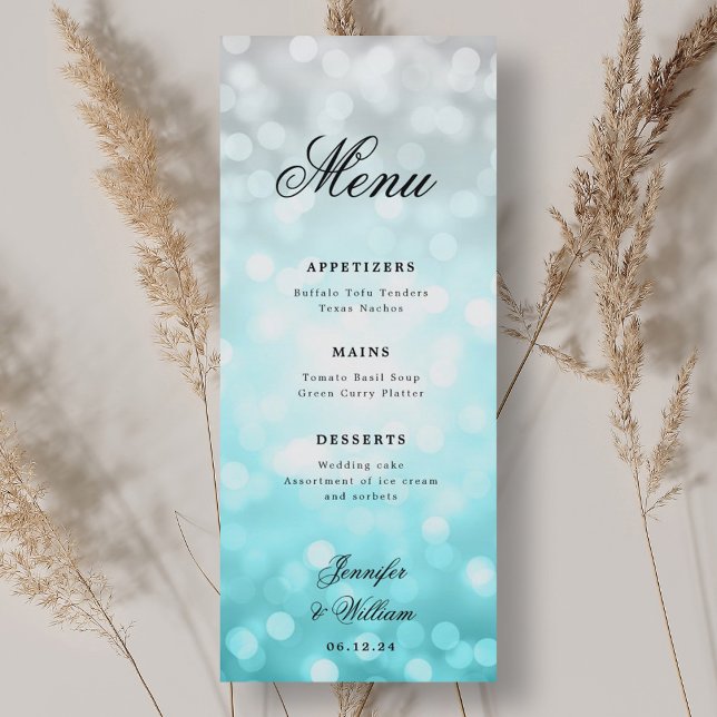 Elegant Script Bröllop Beach Bokeh Ljus Meny (Elegant Script Wedding Beach Bokeh Lights Menu)