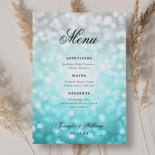 Elegant Script Bröllop Beach Bokeh Ljus Meny (Elegant Script Wedding Beach Bokeh Lights Menu)
