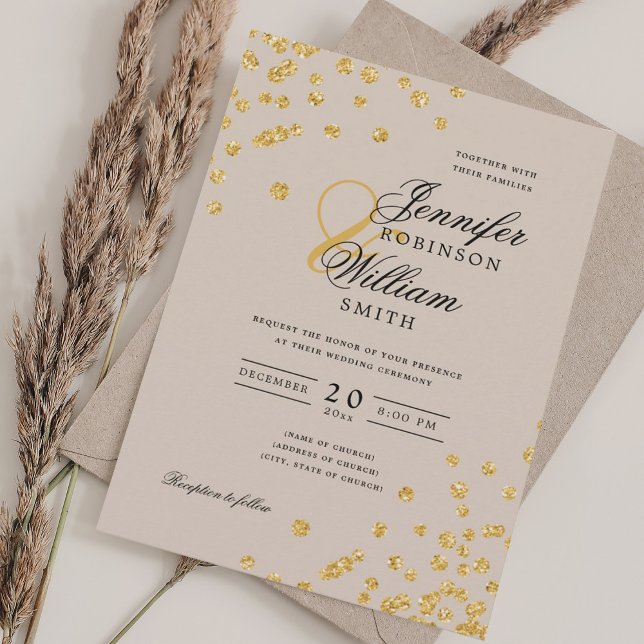 Elegant Script Bröllop Guld Confetti Champagne Inbjudningar (Elegant Script Wedding Gold Confetti Champagne Invitation)
