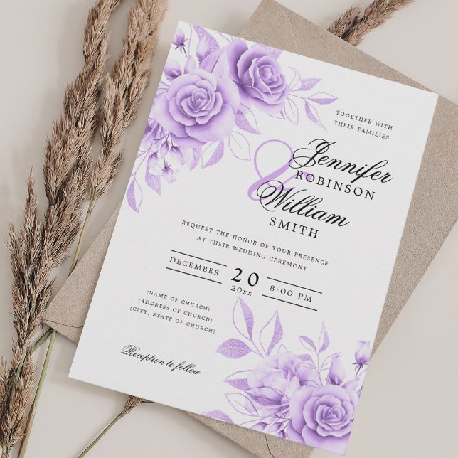 Elegant Script Bröllop Lila Blommigt med QR-OSA Inbjudningar (Elegant Script Wedding Purple Floral w/ QR RSVP Invitation)