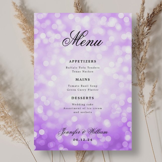 Elegant Script Bröllop Lila Bokeh Ljus Meny (Elegant Script Wedding Purple Bokeh Lights Menu)