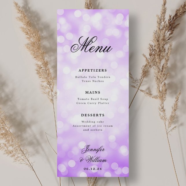 Elegant Script Bröllop Lila Bokeh Ljus Meny (Elegant Script Wedding Purple Bokeh Lights Menu)