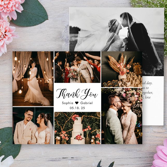 Elegant Script Bröllop Multi Photo Collage Tack Kort (Skapare uppladdad)