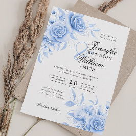 Elegant Script Bröllop Navy Blue-Blommigt med QR-O Inbjudningar