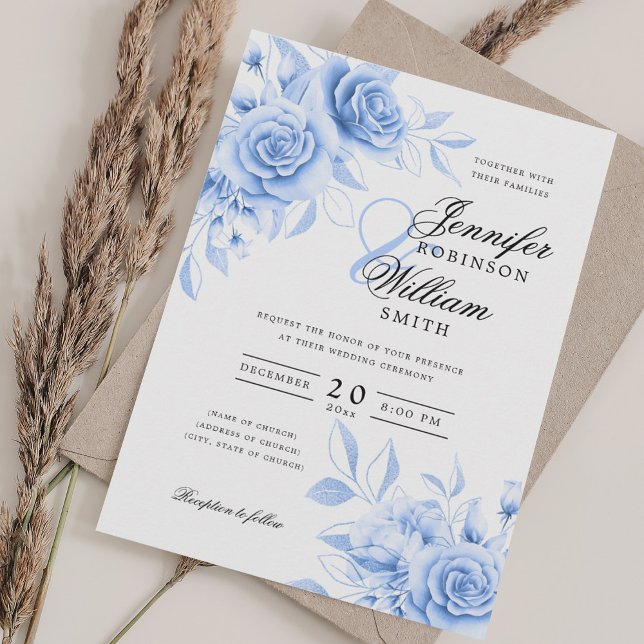 Elegant Script Bröllop Navy Blue-Blommigt med QR-O Inbjudningar (Elegant Script Wedding Navy Blue Floral w/ QR RSVP Invitation)