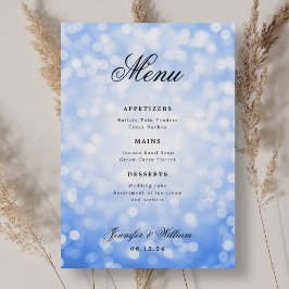 Elegant Script Bröllop Navy Blue Bokeh Ljus Meny