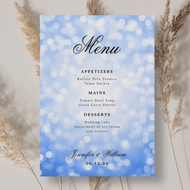 Elegant Script Bröllop Navy Blue Bokeh Ljus Meny (Elegant Script Wedding Navy Blue Bokeh Lights Menu)