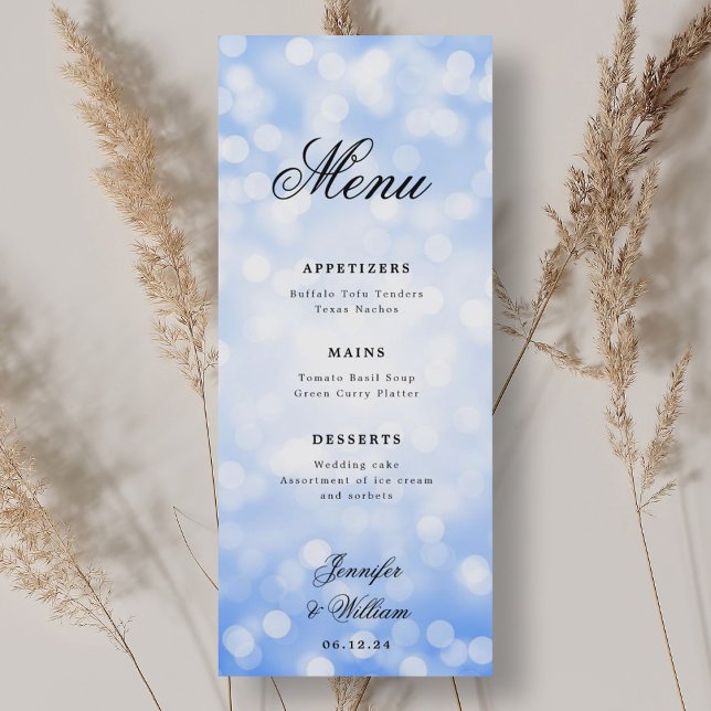 Elegant Script Bröllop Navy Blue Bokeh Ljus Meny (Elegant Script Wedding Navy Blue Bokeh Lights Menu)