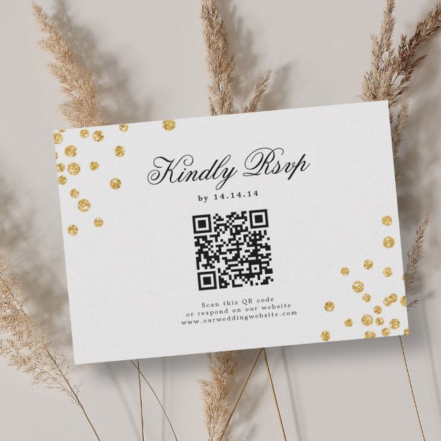 Elegant Script Bröllop QR OSA Guld confetti (Elegant Script Wedding QR RSVP Gold Confetti )