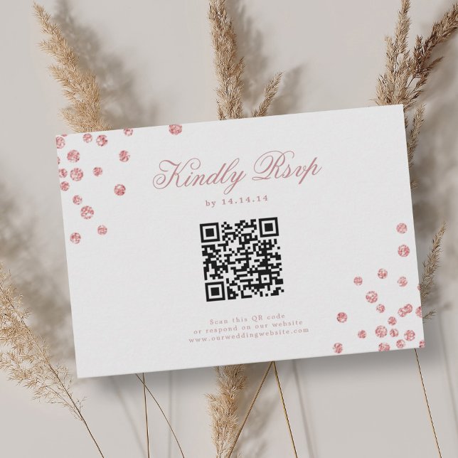 Elegant Script Bröllop QR OSA Ro Guld Konfetti Kort (Elegant Script Wedding QR RSVP Rose Gold Confetti)