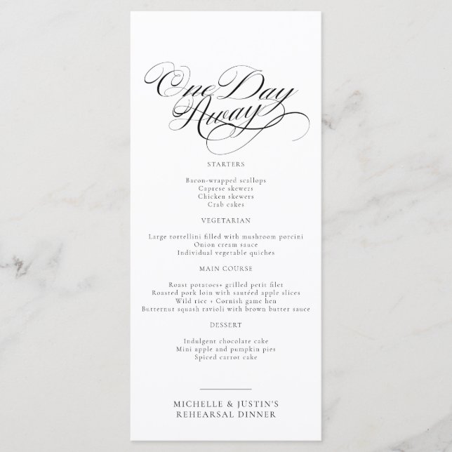 Elegant Script Bröllop Rehearsal Dinner Menu Meny (Framsida)