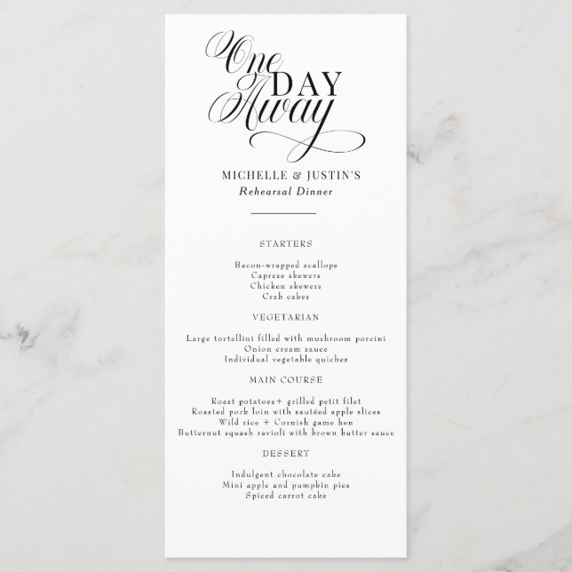 Elegant Script Bröllop Rehearsal Dinner Menu Meny (Framsida)