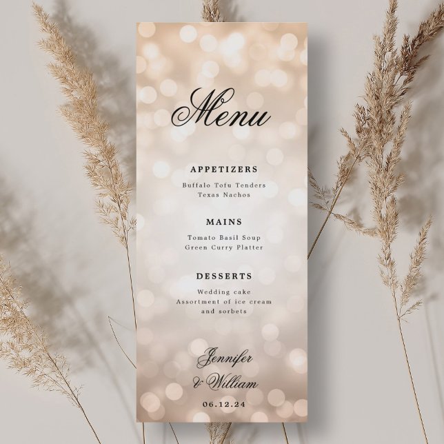 Elegant Script Bröllop Ro Guld Bokeh Ljus Meny (Elegant Script Wedding Rose Gold Bokeh Lights Menu)