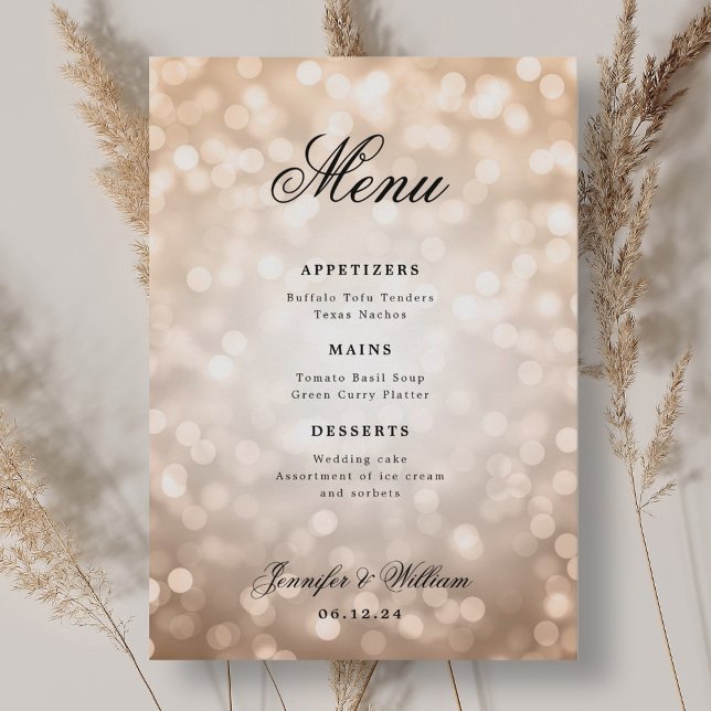 Elegant Script Bröllop Ro Guld Bokeh Ljus Meny (Elegant Script Wedding Rose Gold Bokeh Lights Menu)