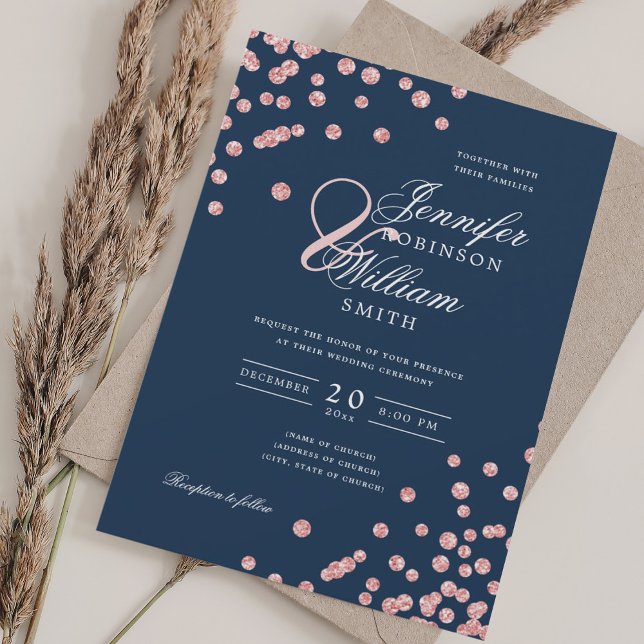 Elegant Script Bröllop Ro Guld Confetti Navy Blu Inbjudningar (Elegant Script Wedding Rose Gold Confetti Navy Blue Invitation)