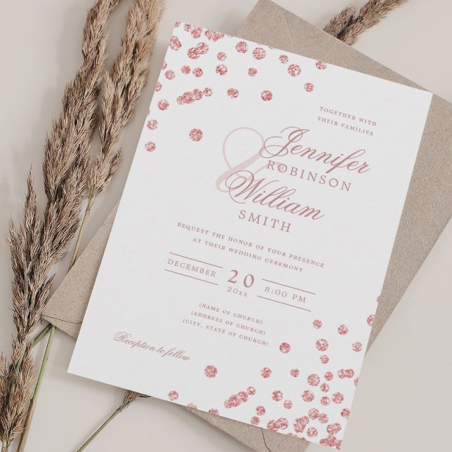 Elegant Script Bröllop Ro Guld confetti QR-OSA Inbjudningar (Elegant Script Wedding Rose Gold Confetti QR RSVP Invitation)