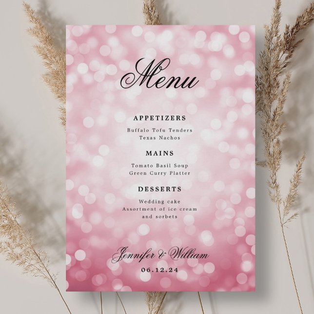 Elegant Script Bröllop  Rosa Bokeh Ljus Meny (Elegant Script Wedding Blush Pink Bokeh Lights Menu)