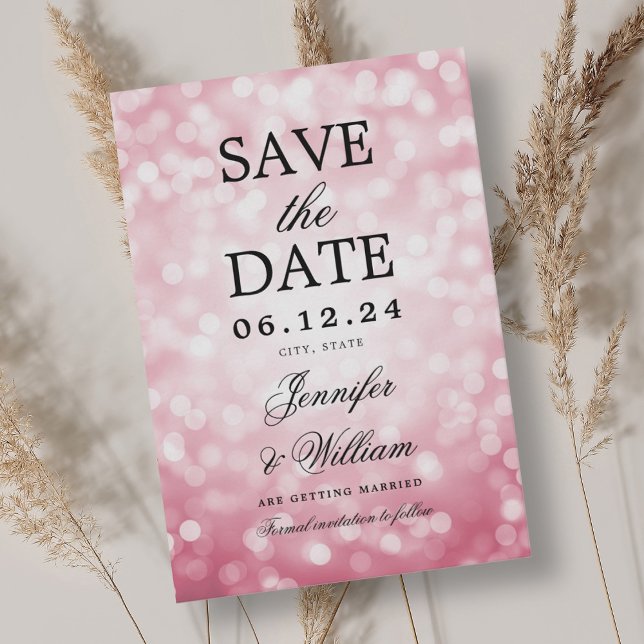 Elegant Script Bröllop  Rosa Bokeh Ljus Spara Datumet (Elegant Script Wedding Blush Pink Bokeh Lights Save The Date)
