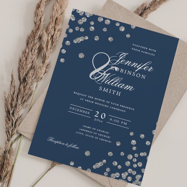 Elegant Script Bröllop Silver Confetti QR-flottan Inbjudningar (Elegant Script Wedding Silver Confetti QR Navy Invitation)