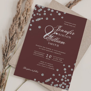 Elegant Script Bröllop Silver Konfetti QR Burgundy Inbjudningar