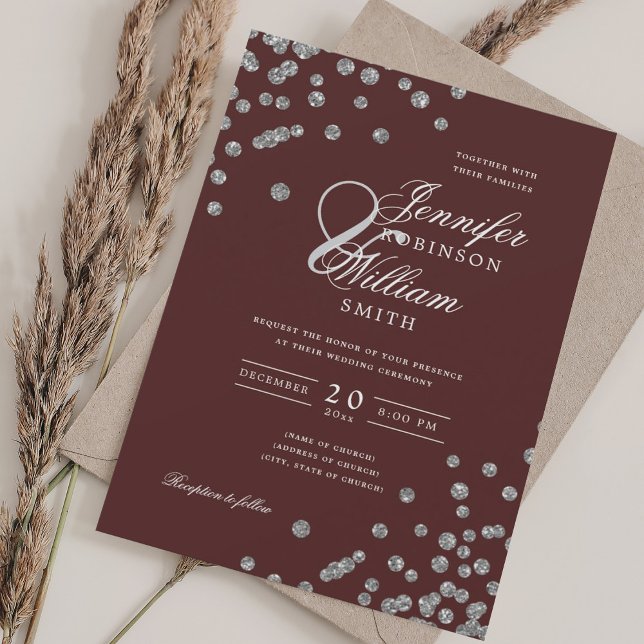 Elegant Script Bröllop Silver Konfetti QR Burgundy Inbjudningar (Elegant Script Wedding Silver Confetti QR Burgundy Invitation)